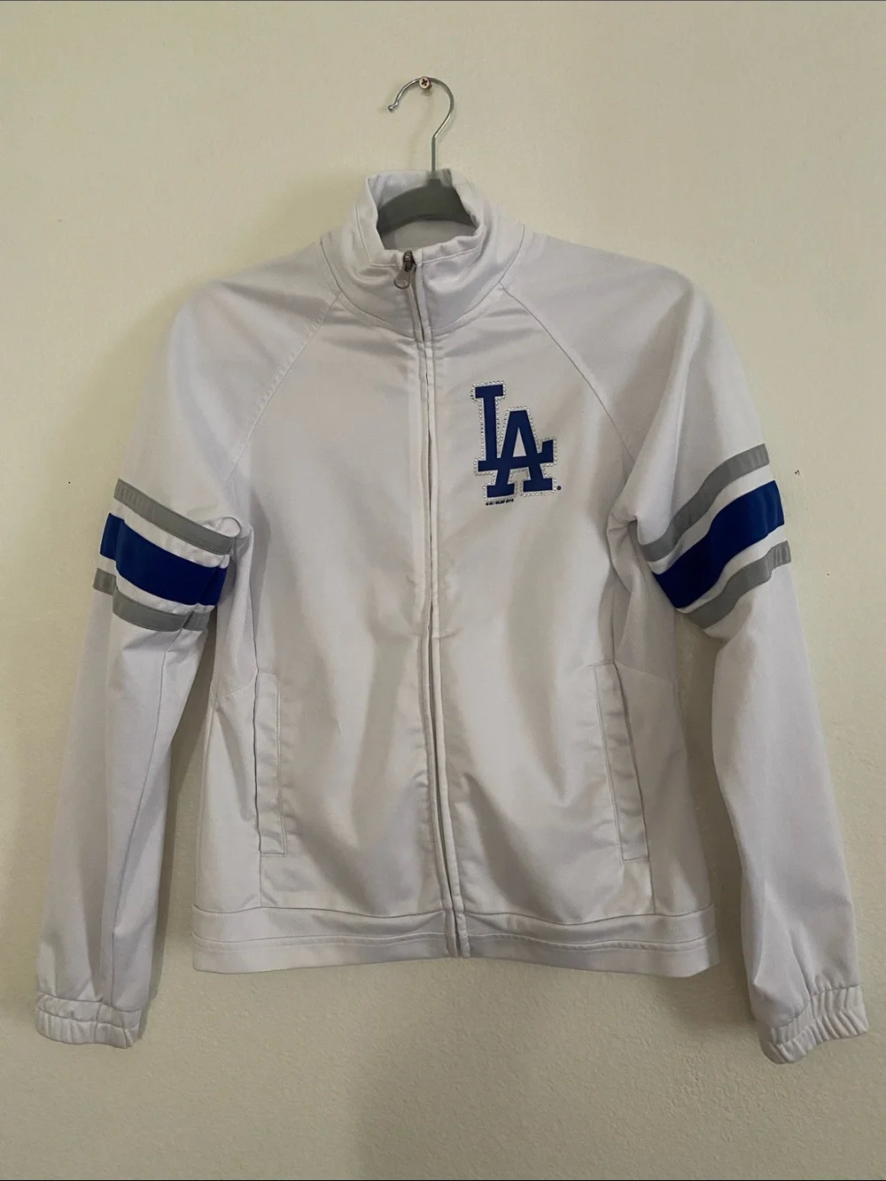 LOS ANGELES DOCKERS Logo White Varsity Jacket with Blue & Gray Stripes. Size XS